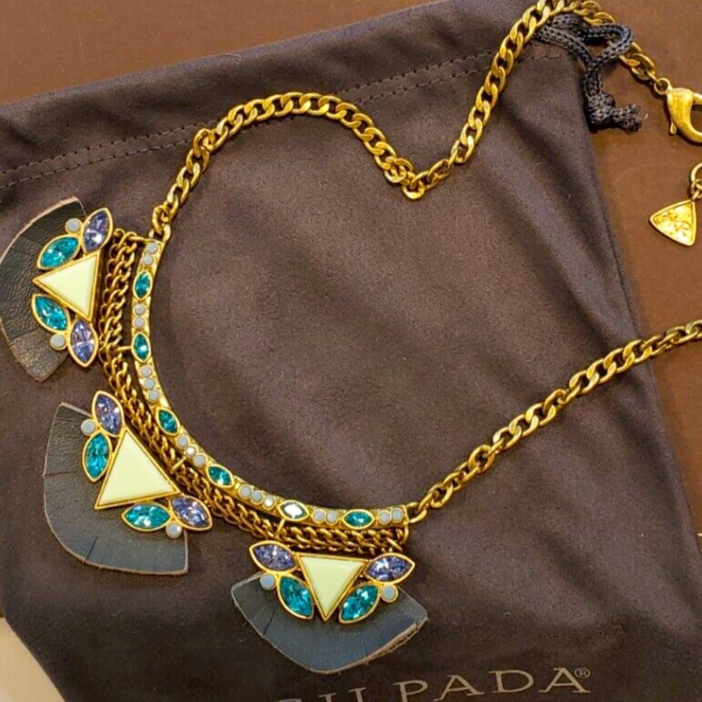 Silpada Vintage K & R Posy Fringe Bib Leather Brass Swarvoski Crystal Necklace - Picture 7 of 10